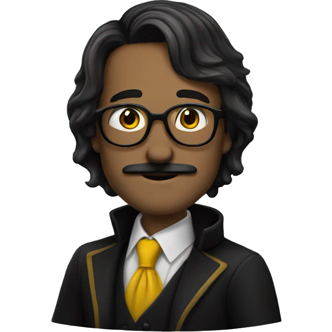 a white man with black, long and straight hair, a black mustache and glasses, hufflepuff emoji