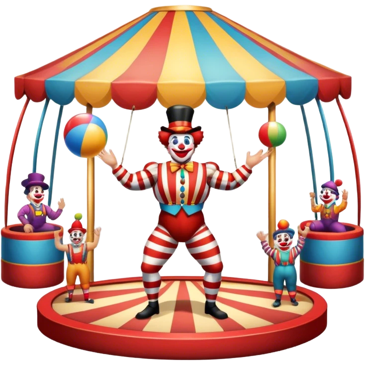 Icon for Circus Arts: a grand vibrant round circus arena with a strongman in a striped costume,  juggler and a clown performing. The icon should convey the excitement and fun of circus performances, with focus on the performers and the colorful setting. Transparent background. emoji