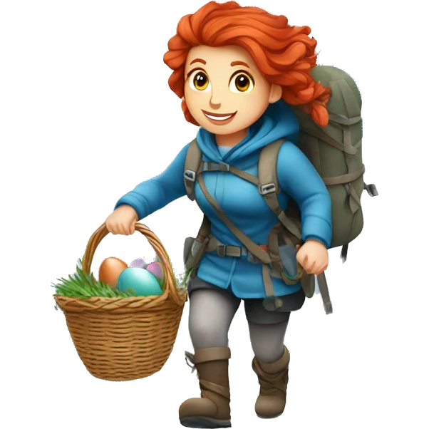 red hair female winter mountaineer climbing with Easter basket and Greek flag emoji