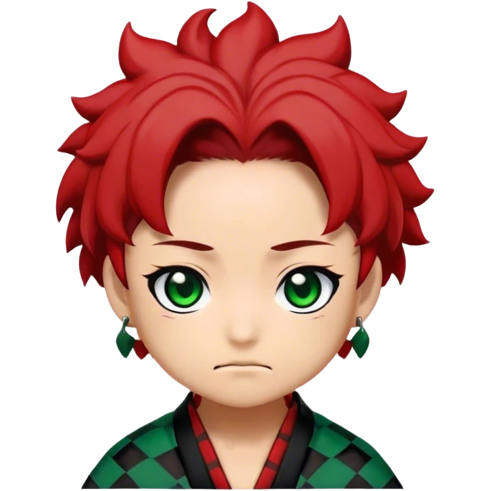 A chibi-style emoji of Tanjiro Kamado's face from Demon Slayer. Green and black checkered haori collar, red hanafuda earrings, determined expression, anime eyes, soft shading, white background, minimalist kawaii design. 2D flat vector, no text. The style is cute, simple, and expressive emoji