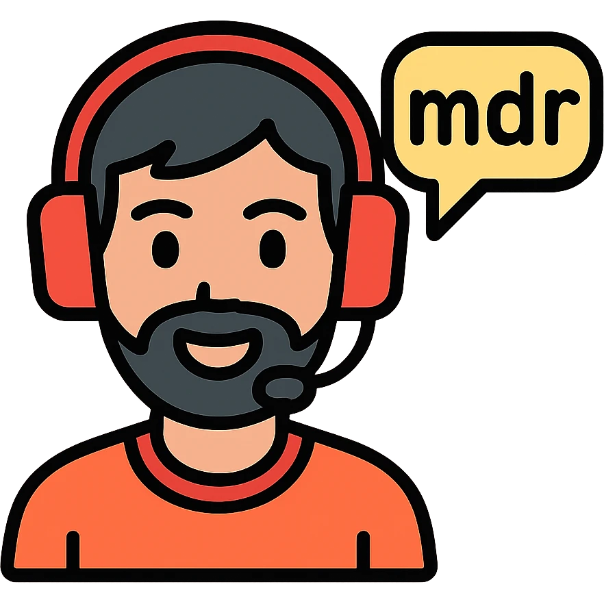 a person with black hair, brown eyes, and a black beard wearing a gaming headset saying "mdr" emoji