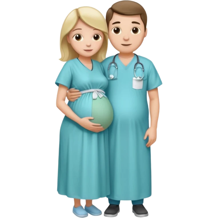 Девушка беременная, рядом ее обнимает муж и они стоят на фоне больницы  emoji