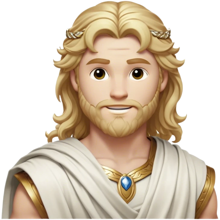 Cinematic Realistic Thor Portrait, head tilted playfully and inquisitively, showcasing his classical Greek god allure with a relaxed, yet commanding presence. His fair, radiant skin and flowing, wavy golden hair are highlighted by a gentle smile and twinkling, approachable eyes. Clad in a gracefully draped white toga with subtle golden embellishments, he exudes a lighthearted yet powerful charm under soft, natural lighting. emoji