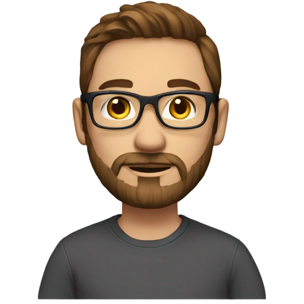 man, in smart casual, 34 y.o., sweather, glasses very short brown hair, white, brown eyes and, beard emoji