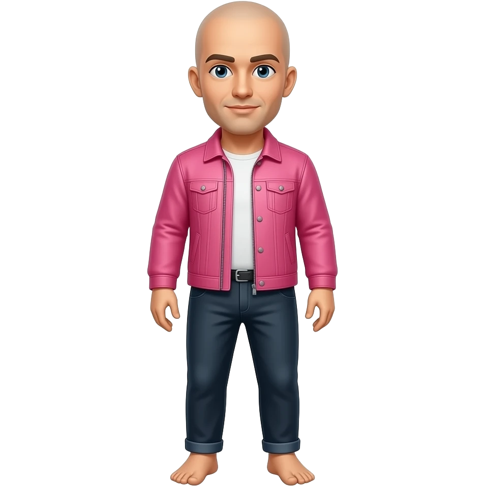 Man pink jacket blue black pants no shoe no beard bald emoji