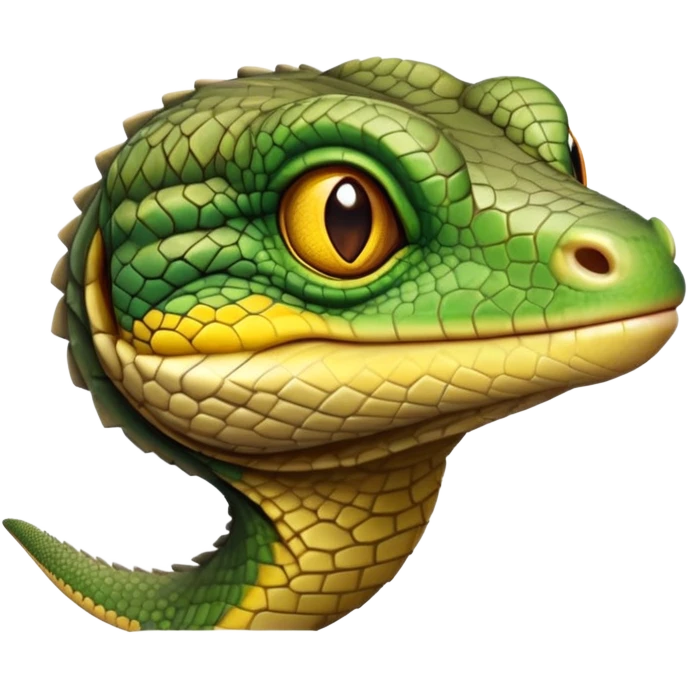 cinematic-realistic-cute-monitor-lizard-portrait-emoji,-head-tilted-playfully-and-inquisitively,-featuring-a-compact,-agile-body-with-finely-detailed,-glossy-scales-in-earthy-olive-hues-and-a-distinct,-alert-face-with-bright,-curious-eyes, yellow and green multi coloured  scales emoji
