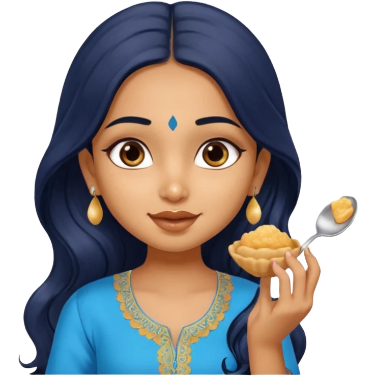 a pretty tan indian bratz girl. eyeliner on, wearing a blue kurti, eating golgappa. NO SPOON. wavy long BLACK coloured hair emoji