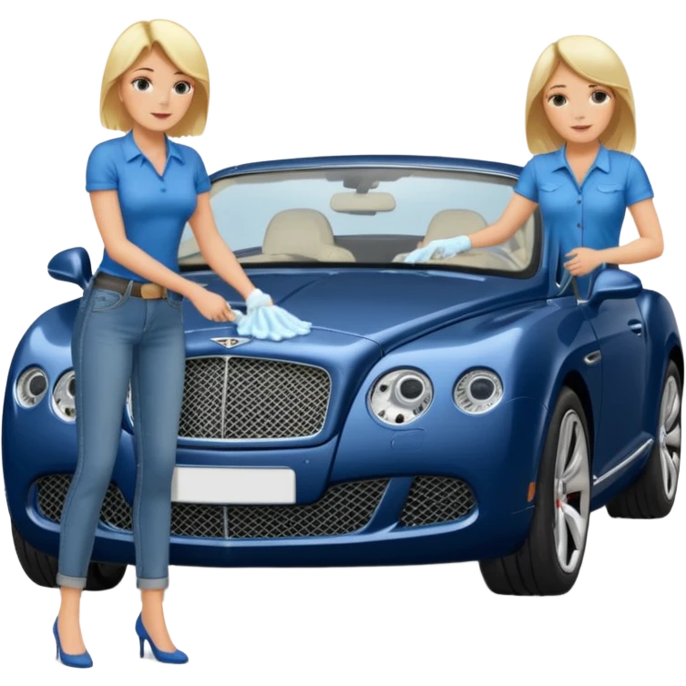A heavy set middle aged blond lady in blue jeans washing a black Bentley car. show the full car and the lady next to it. show the face smaller and the person standing beside it...use the  emoji