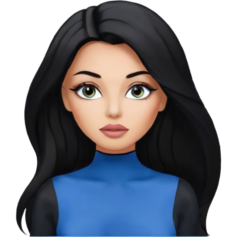 Glamours, tanned, very beautiful girl, with big pump peach-beige-rose lips, eyeliner, long long lashes, black straight smooth silky long hair, straight parting hair, blue-grey eyes, in total black bodysuit long-sleeves emoji