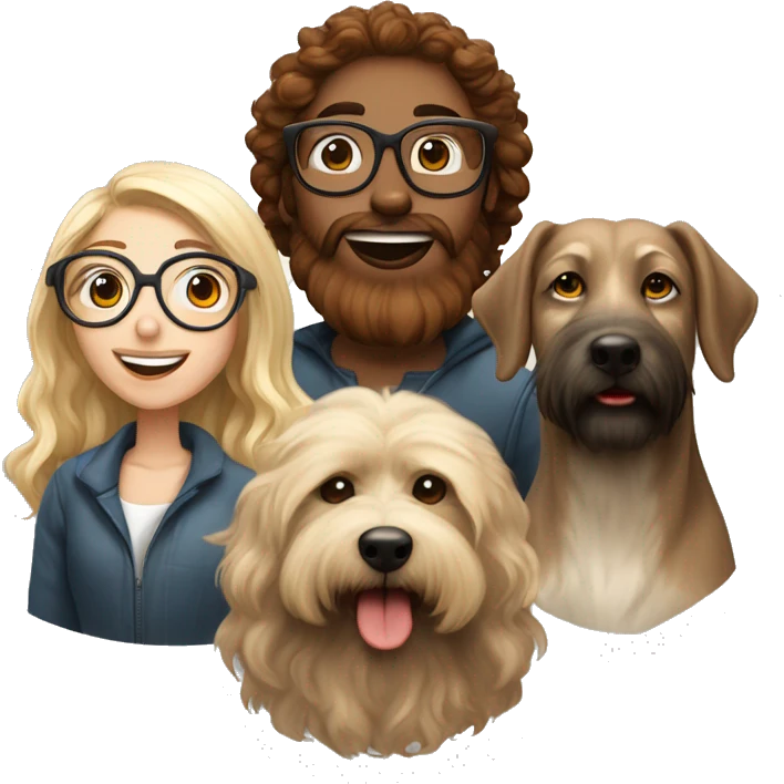 Curl brown hair girl with glasses, wolfhound dog in the middle and blond boy with red beard in the right emoji