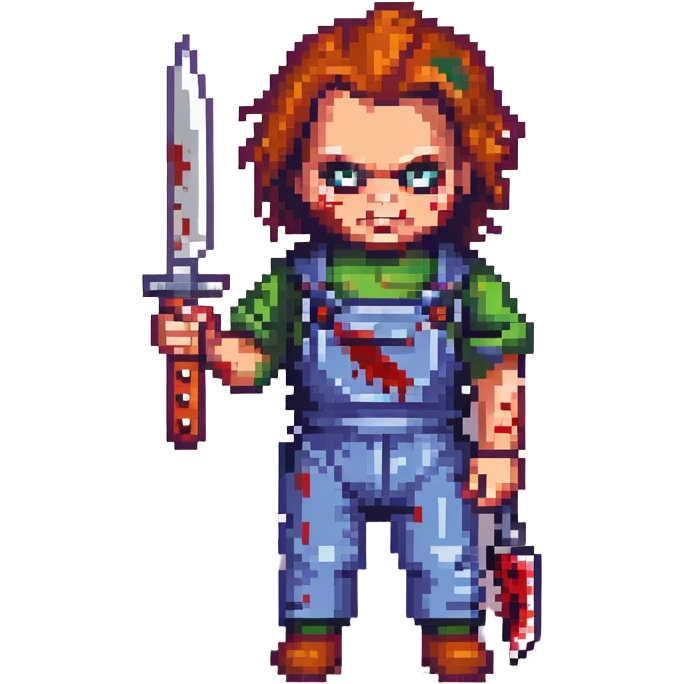 Chucky doll holding a bloody knife, horror style emoji