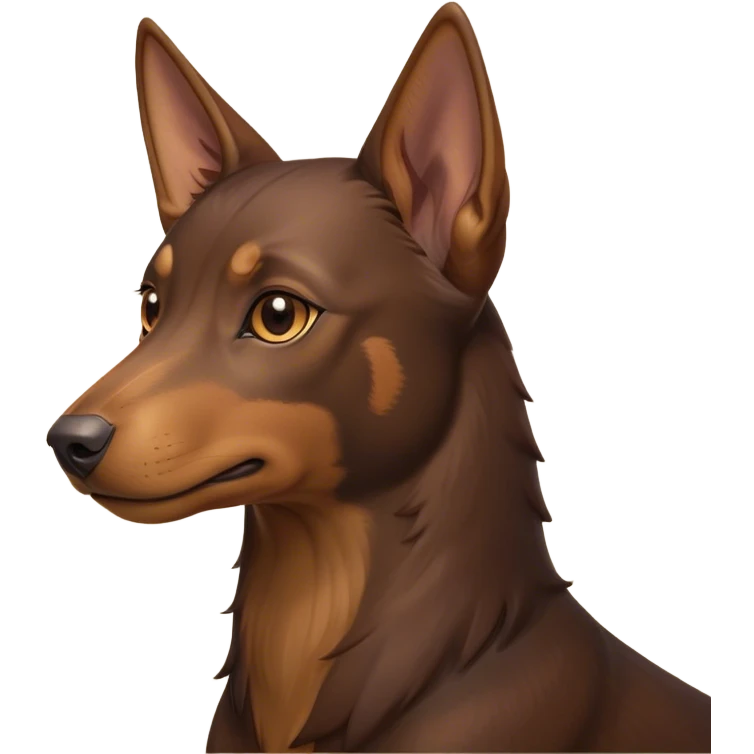 Cinematic Noble Brown and Tan Kelpie Portrait Emoji, Poised and regal, with a strong, agile build and a rich, well-groomed Fur of warm brown and tan, piercing warm eyes, Simplified yet sharp and sophisticated features, highly detailed, glowing with a soft, dignified glow, high shine, intelligent and energetic, stylized with an air of determination, focused and attentive, soft glowing outline, capturing the essence of a watchful and confident herder, so majestic it feels as though it could bound out of the screen with effortless authority! emoji