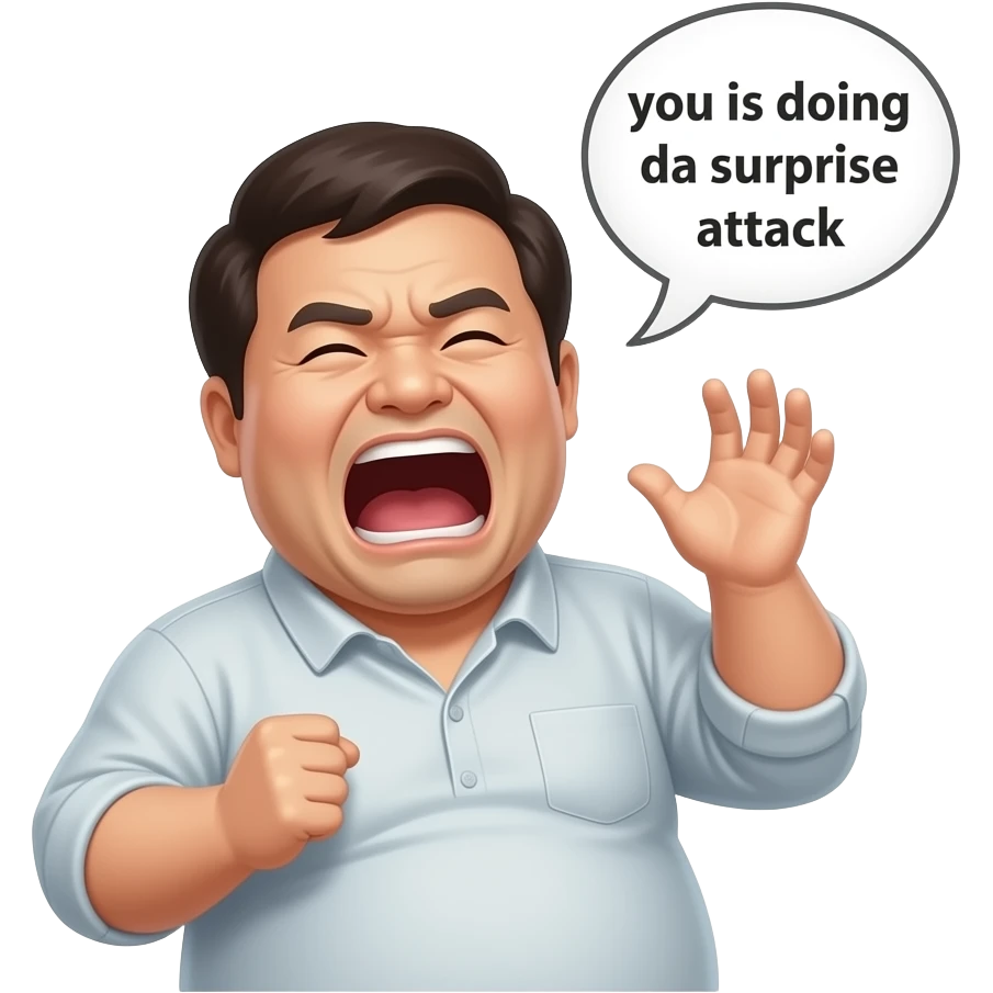 A korean man with a bald head and hair around the side of his head with a fat belly screaming with a speech bubble saying “you is doing da surprise attack” emoji