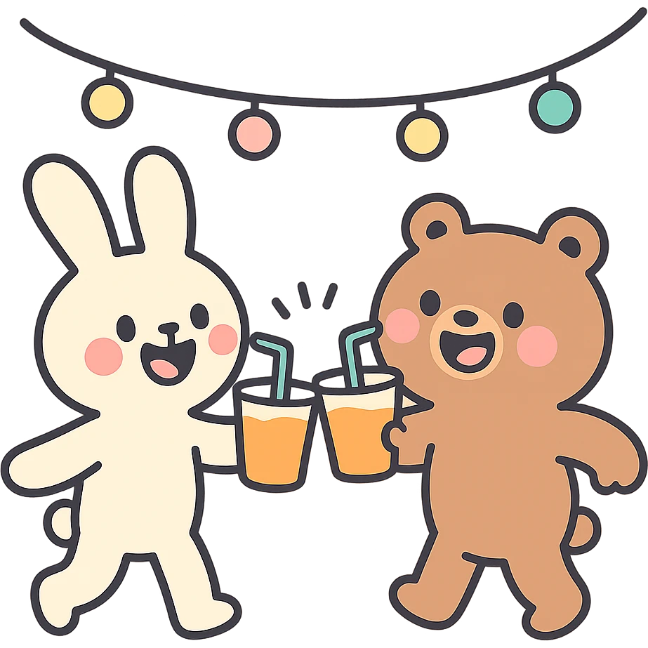 full-body bunny and bear clinking juice cups under string lights, pastel-toon style emoji