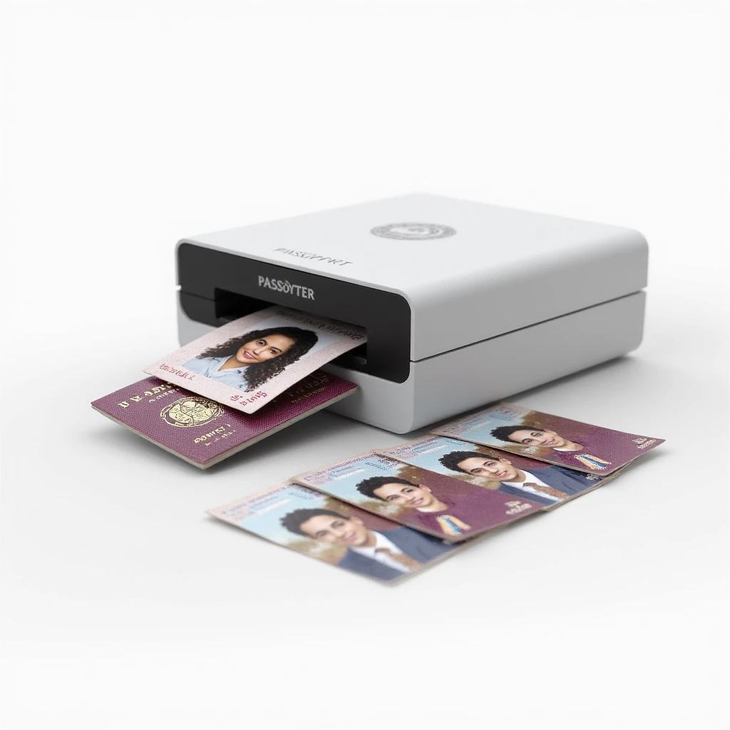 realistic thumbnail for a passport size photo printing service, with a printer and several passport photos arranged neatly beside it, on a white background emoji