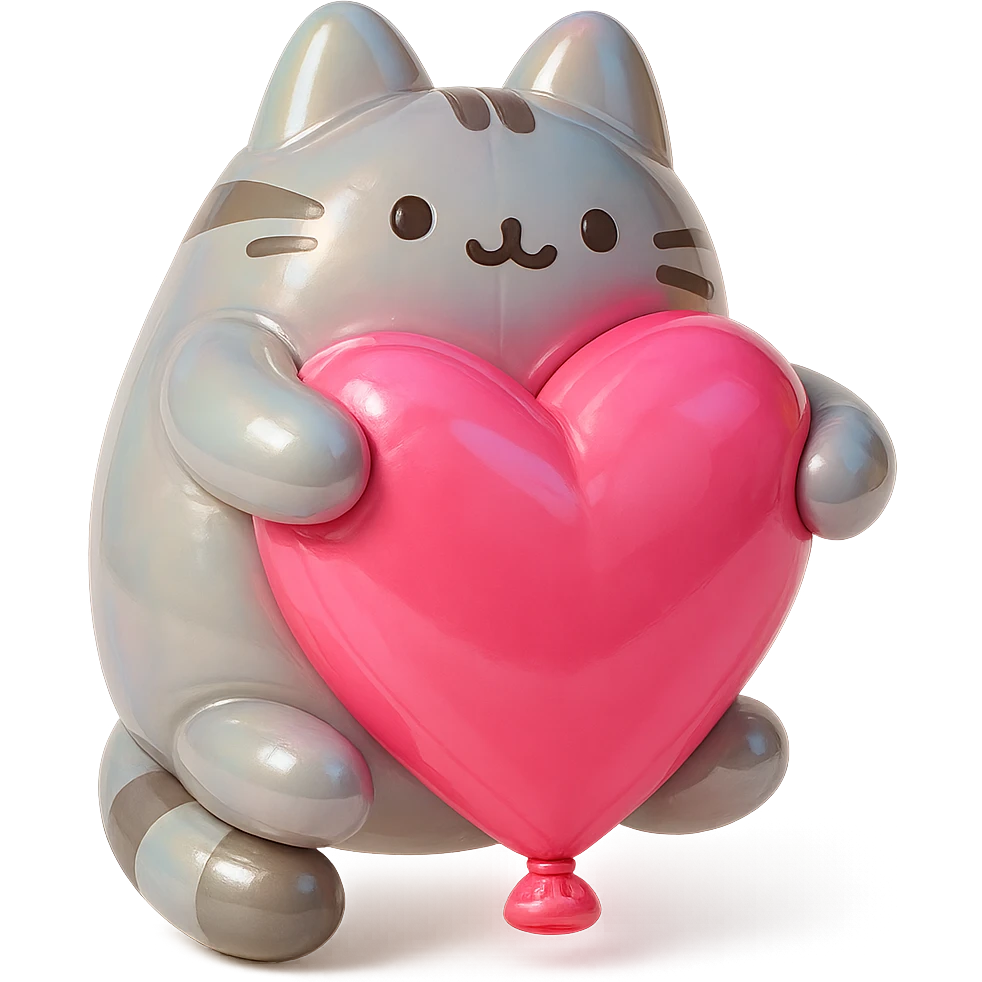 Pusheen hugging a big heart, pastel colors, adorable, balloon style emoji