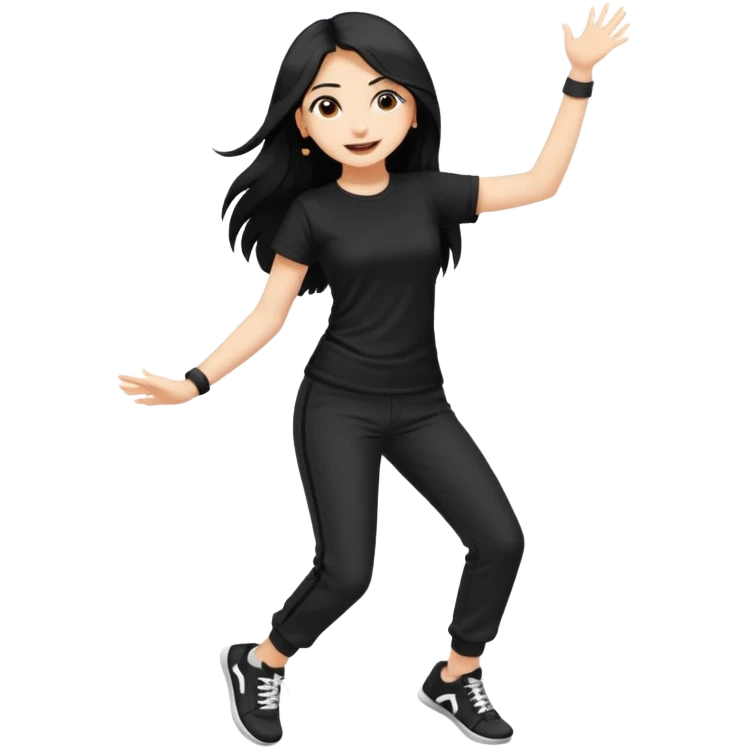 What white skin indian girl with long black dancing with Black t shirt and pant with white sneakers emoji