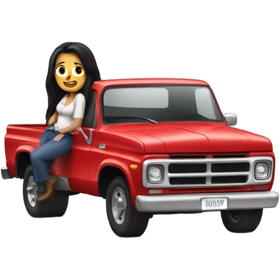 A white lady with long black hair, driving an older red pick up truck emoji