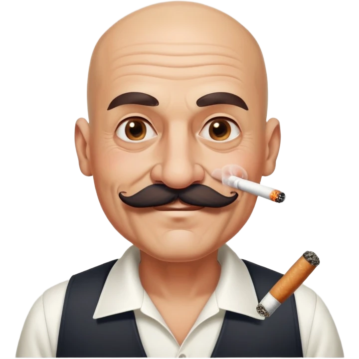 old gangster man, 45-55 years old, with mustache, a bit tanned skin, bald haicut and cigarette in his mouth, smiling like a fool, no cap, no hat emoji