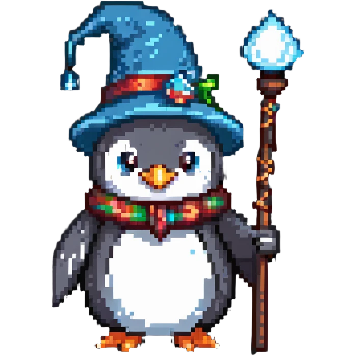 penguin wizard with a pointy hat and magic staff emoji