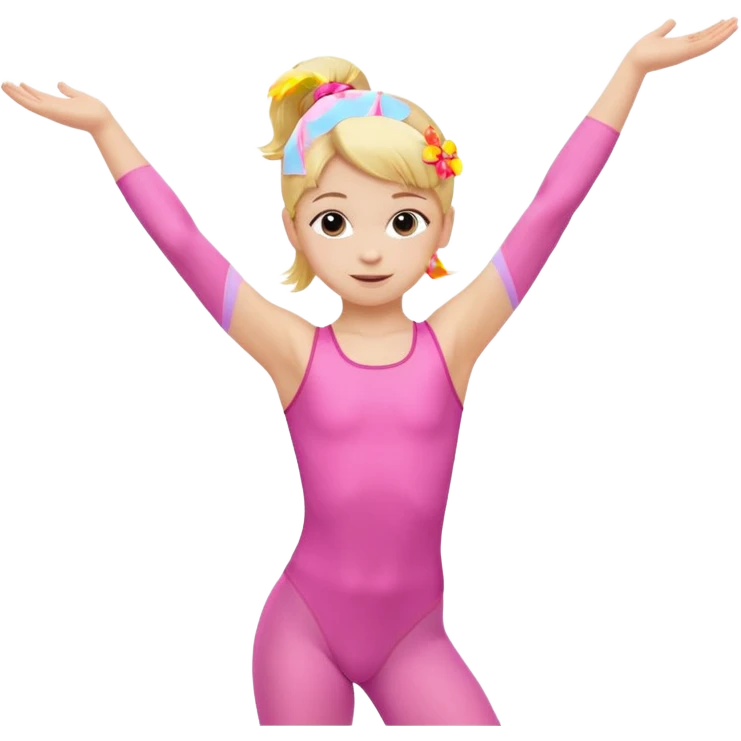 dancer-gymnast child with blonde hair in pink tights arms raised in a pose emoji