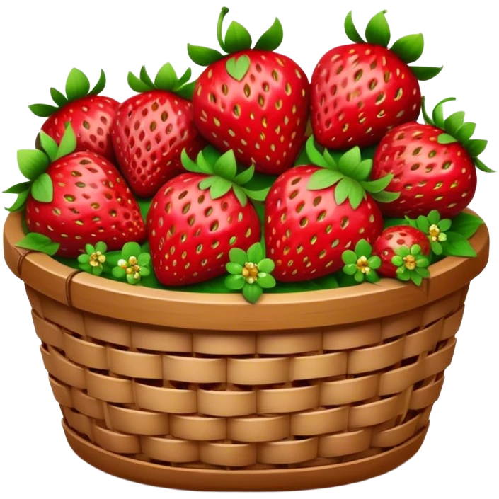 Cinematic ripe strawberrie, deep red, glossy with tiny seeds, green leaves still attached, gathered in a rustic basket, warm glowing background, fresh and sweet. emoji
