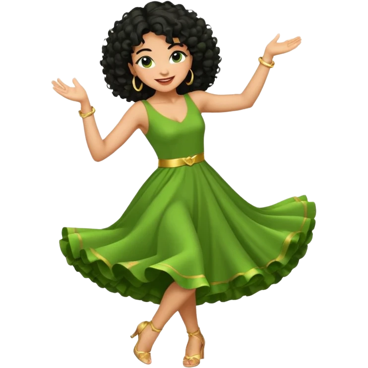 a woman with olive skin tone and curly black hair wearing green and dancing. full body, disco pose emoji