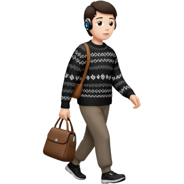 걷고 있는 사람
옷은 겨울에 어울리는 니트와 하의를 입었고 숄더백을 매었다.
머리카락 색깔은 어두운 갈색, 풀은 긴머리를 하고 있다 
귀에는 애플의 에어팟이 착용되어 있다 emoji