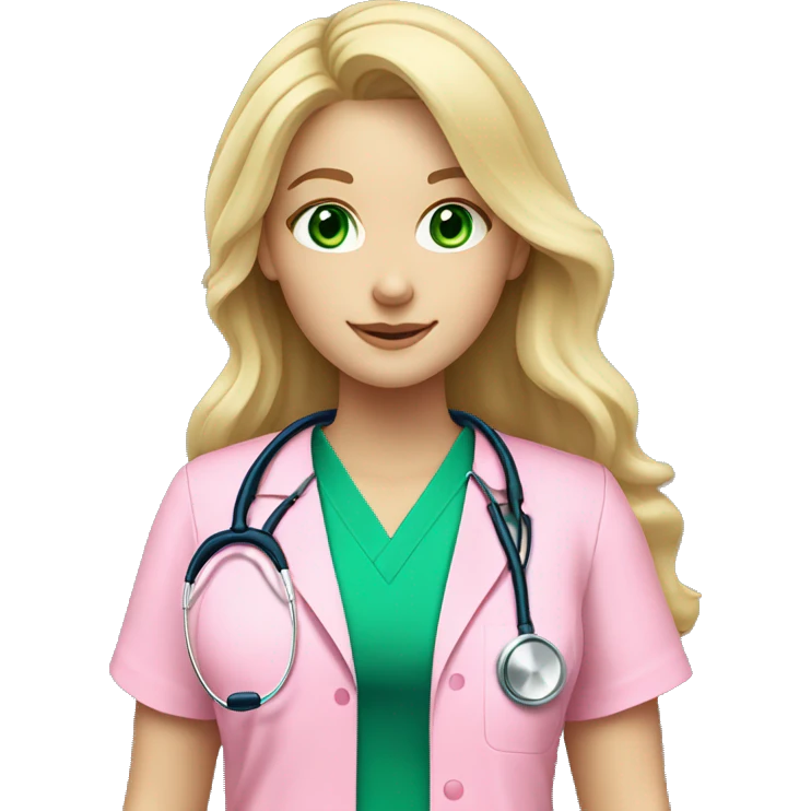 pale blonde girl with long wavy hair and green eyes wearing pink scrubs and stethoscope  emoji