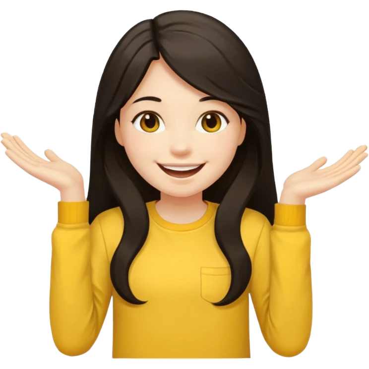 girl on a laptop, long dark hair white skin and yellow shirt long sleeves, smiling emoji