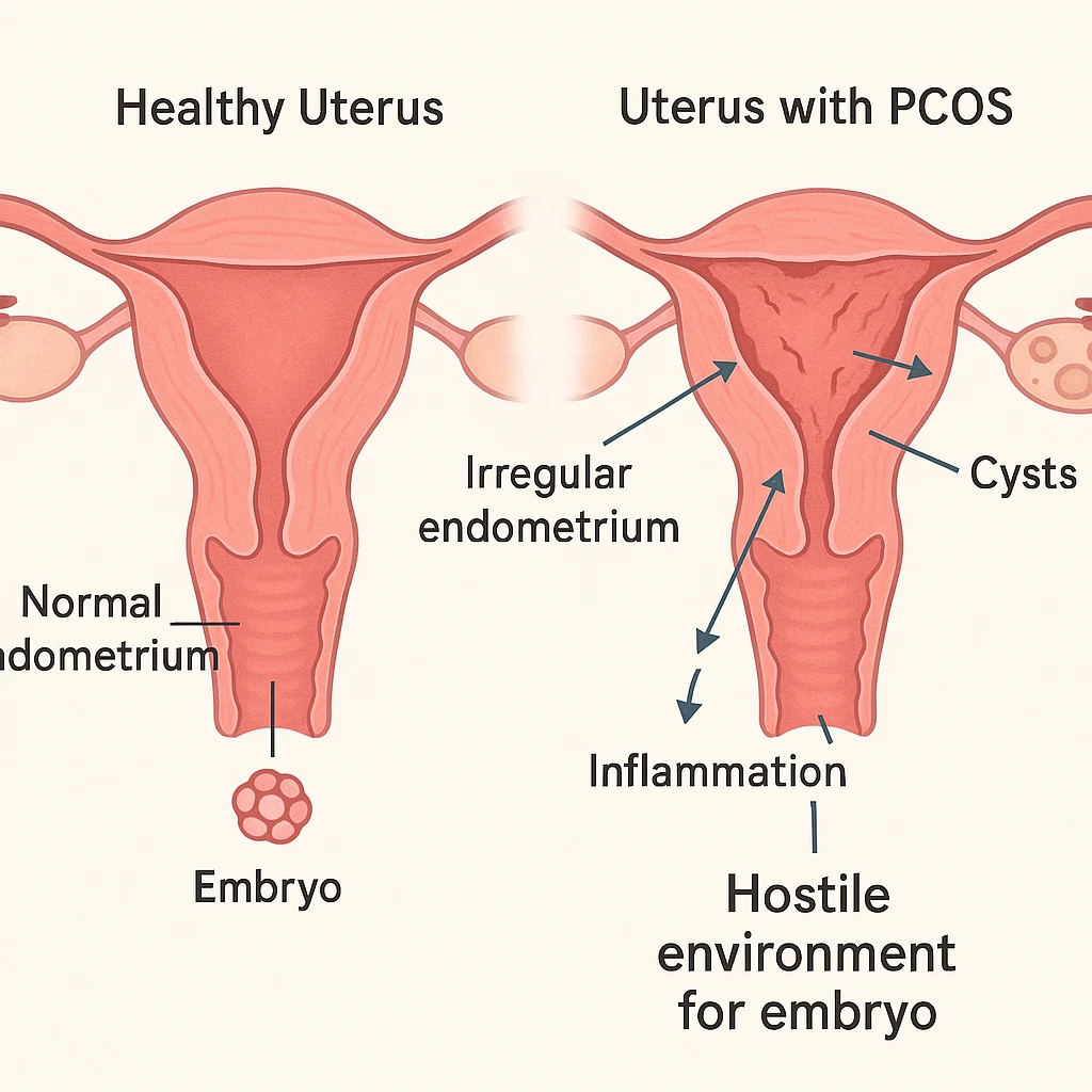 color illustration comparing healthy uterus and one with PCOS, highlighting hostile environment for embryo with irregular endometrium, cysts, inflammation, explanatory captions, educational style emoji