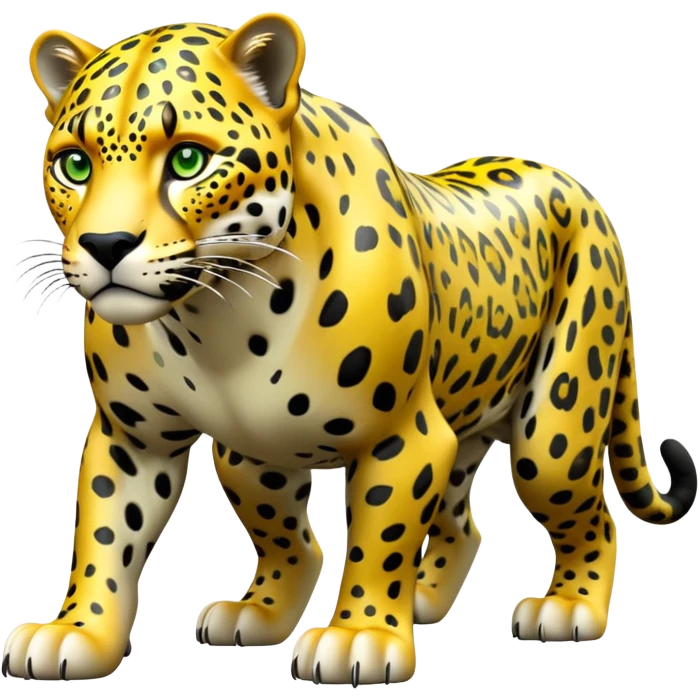cinematic-jaguar-realistic-full-body-standing on all fours-emoji,-sleek-powerful-frame-poised-for-action,-yellow-fur-adorned-with-bold-black-rosettes,-head-tilted-dramatically,-piercing-green-eyes-locked-onto-its-prey,-simplified-yet-realistic-focused-features,-highly-detailed,-glowing-with-an-almost-sarcastic-glow emoji