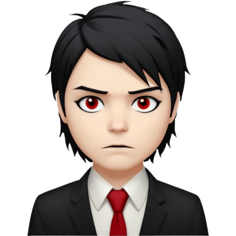 🎨 Classic Emoji — Gerard Way (Revenge Era)
Round, simplified emoji style
Pale skin tone
Jet-black, shoulder-length hair messy and emo
Heavy eyeliner and slight red shadow under the eyes
Subtle serious / melancholic expression
Hint of red tie visible on black button up shirt.
Transparent background emoji