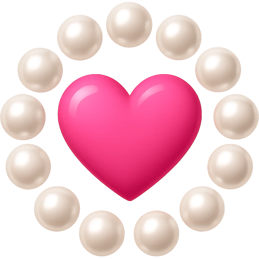 Create a pink heart surrounded by pearls in the style of emoji, with no background. The style should resemble apple style emojis with a clean and concise look. emoji