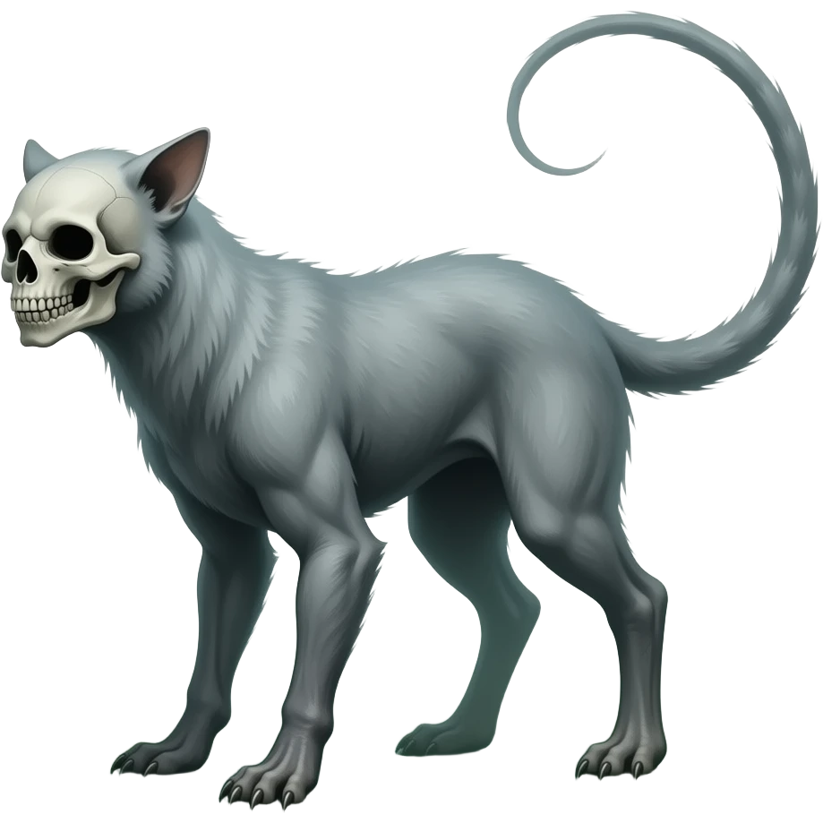 Digitigrade 4-legged spectral spooky dark bleak greyish translucent diaphanous swampy gloomy dark dark-deep-greenish foggy eldritch scary realistic edgy fantasy ghoul-like vernid-sergal-fursona animal creature with a long thin bony tail and skull-face full body emoji