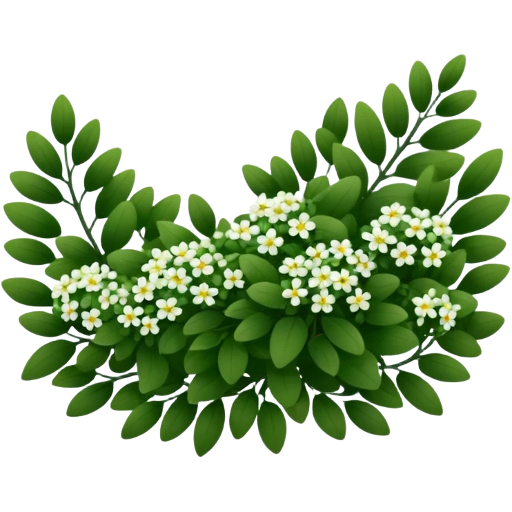 A dense bush with dark leaves and a curved organic shape with small white flower emoji