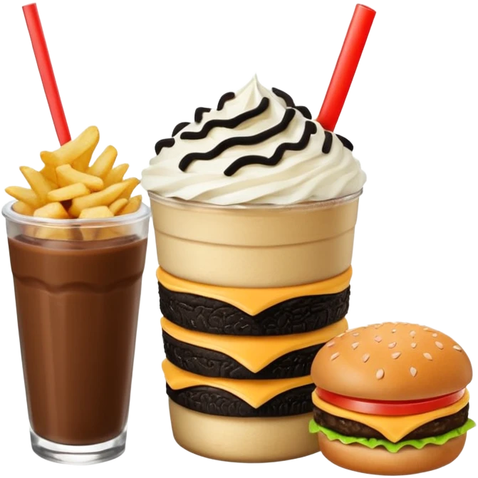 Crea una escena estilo restaurante que incluya: una 🍔 hamburguesa jugosa, un 🥤 frappé de galleta oreo en vaso de vidrio con popote, 🍟 papas fritas emoji