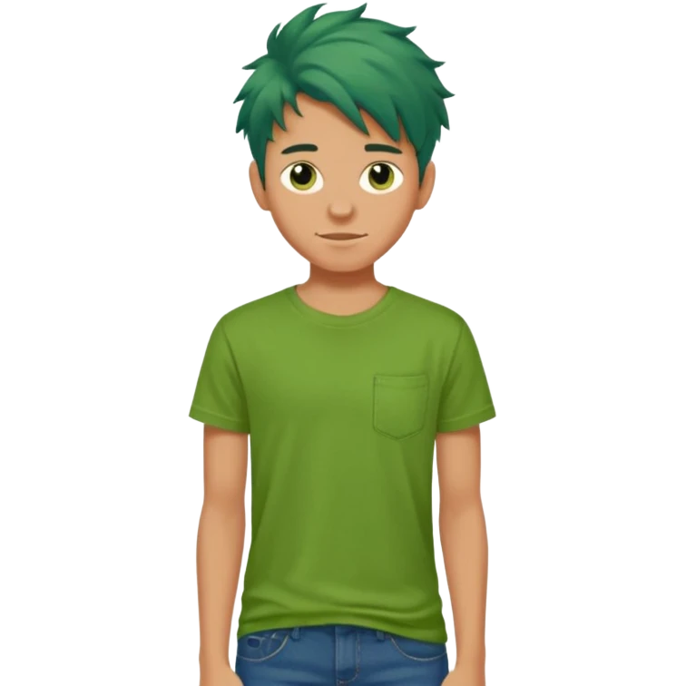 A 14 yerar old teenage boy, slightly tanned, wearing a green tshirt (no shirt pocket), blue jeans and green sneakers with brown tousled hair, smirking emoji