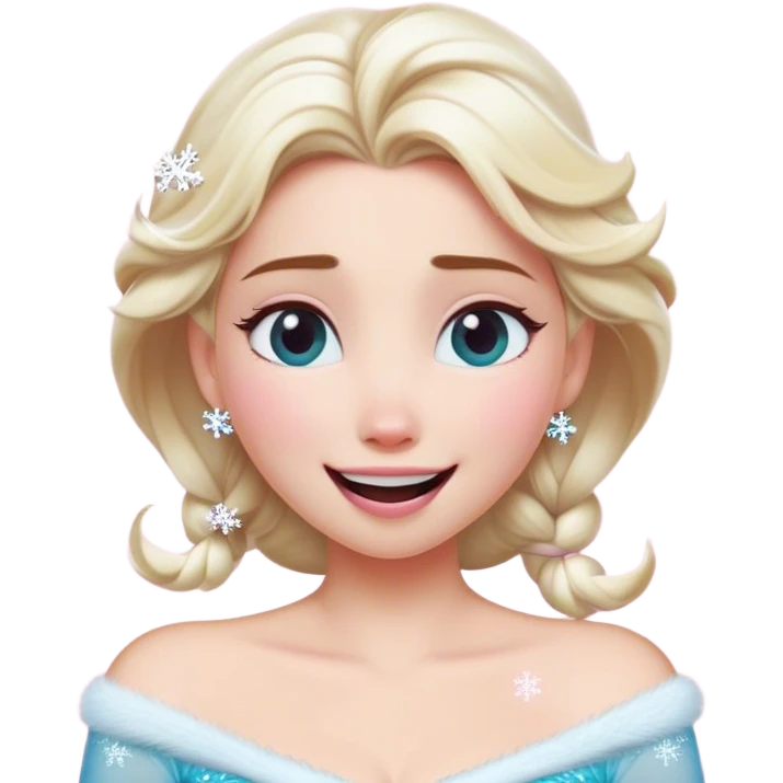Cinematic Adorable Elsa Portrait Emoji, Giggling as tiny snowflakes swirl around her, cheeks flushed pink from the cold, eyes twinkling with warmth, a heart-melting mix of beauty and playfulness! emoji