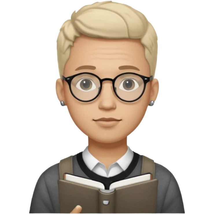 A man in his 20s wearing an apnotebook, wearing radio earrings, round glasses, achromatic clothes emoji