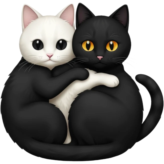 a black cat and a white cat curled together in a yin-yang pose, harmonious and balanced, emoji style, minimal background emoji