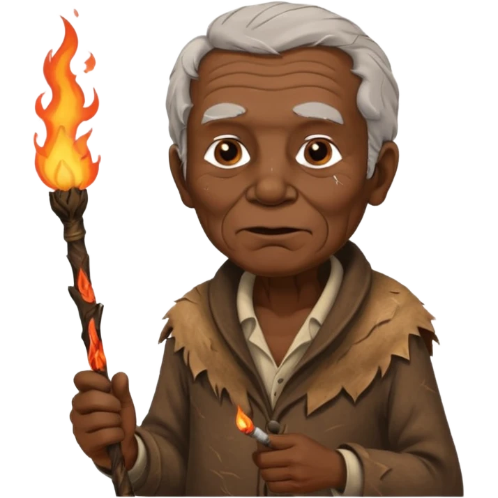 ancient africa old man, tattered animal skin cloth, hold fire stick emoji