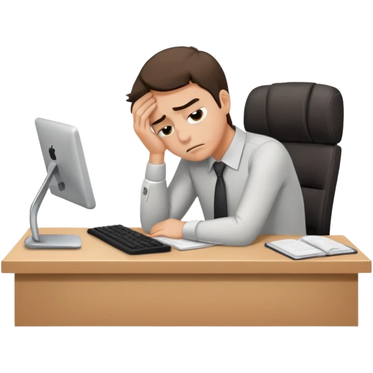Professional person experiencing burnout, exhausted and overwhelmed, tired eyes, slumped posture, sitting at a desk, iOS emoji style emoji