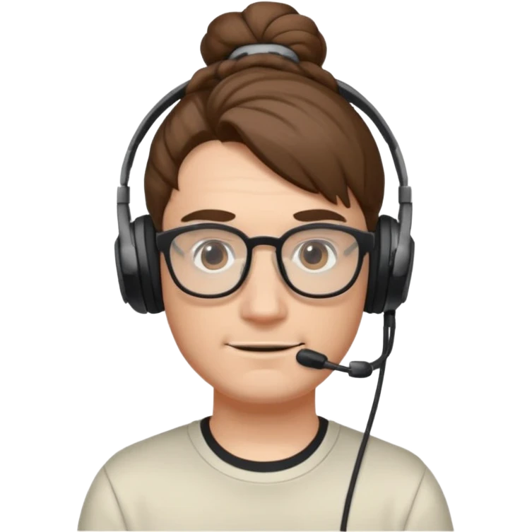 a white male with glasses, long brown hair, hair tied in a bun, and a gaming headset on his head emoji