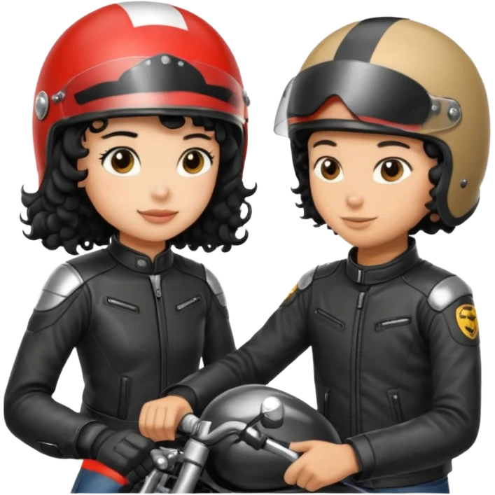 A man motorcyclist and a shorter girl with curly black hair, facing each other. emoji
