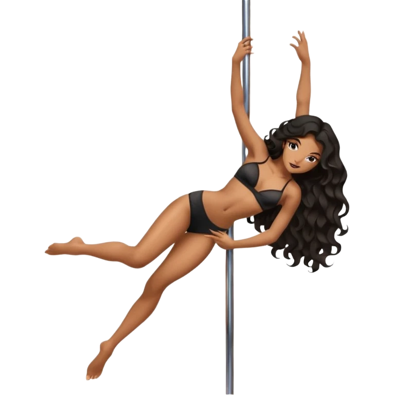 Naked girl, bare chest, bare hips, pole dance pose, sexy pose, long black wavy hair emoji