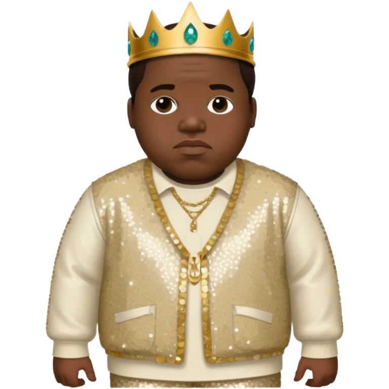Biggie Smalls with dark brown hair, ivory sequin outfit emoji