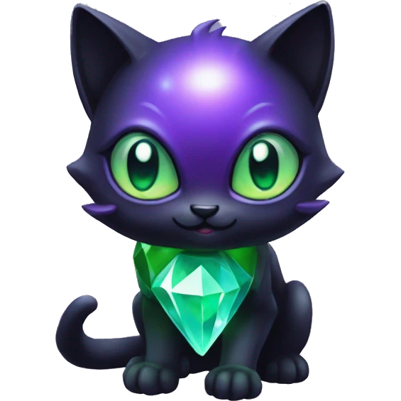 Shiny, Sparkly, Black Dark-type--Psychic-Ice-type-Fakémon-Alien-Cat Blind Purple eyes, green gem, full body emoji