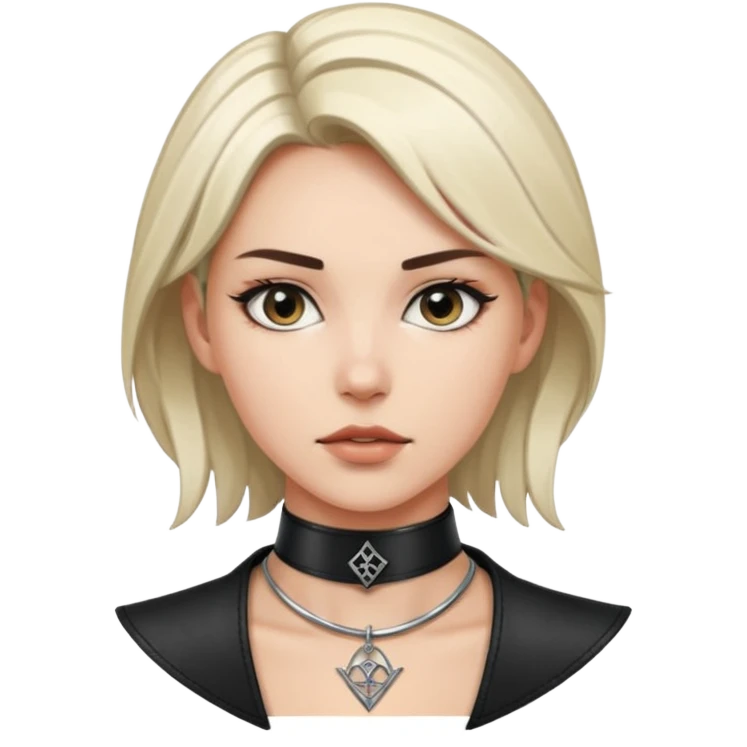 Leather choker with sigil around woman’s neck, pulse visible, dominance tone emoji