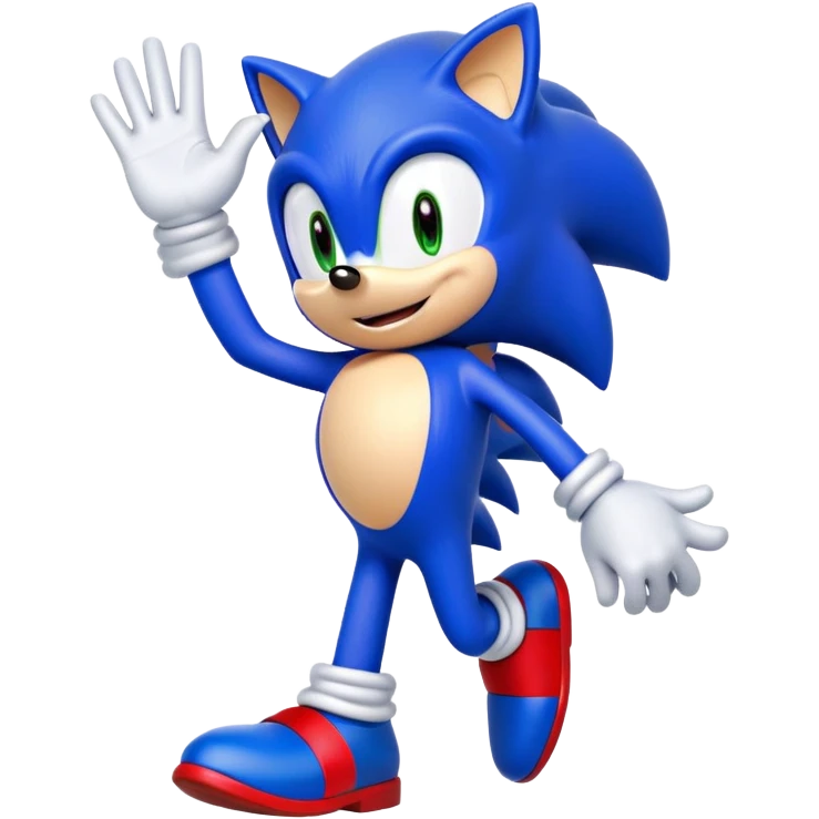 "A high-quality digital illustration of Sonic the Hedgehog in his Sonic the Hedgehog 3 design. He is smiling cheerfully and waving with one hand, giving a friendly 'hi' gesture. The character is depicted in a dynamic pose with vibrant blue fur, red shoes, and signature white gloves. The background is completely transparent, making the character standalone. The art style closely resembles official Sonic the Hedgehog 3 promotional artwork, with smooth shading, bright colors, and crisp outlines." emoji